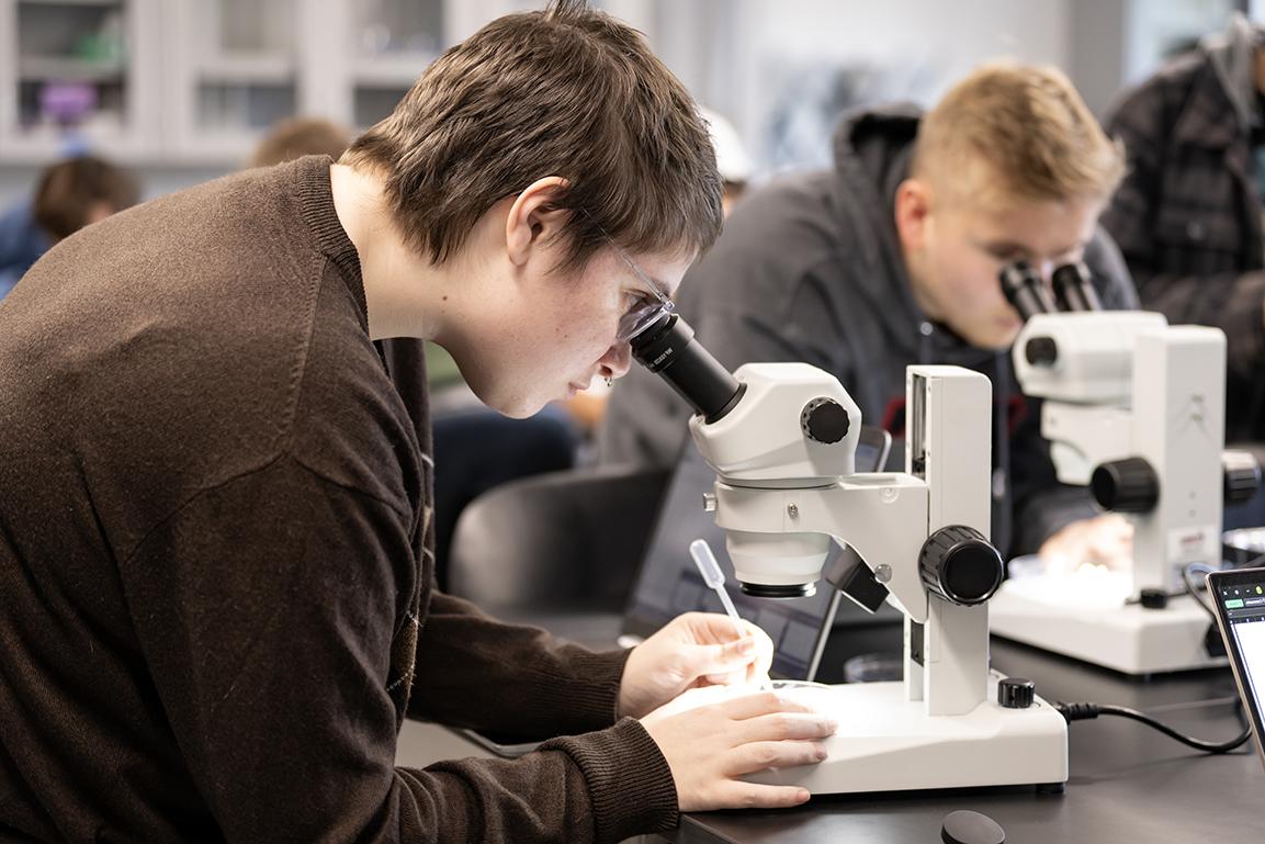 students look through microscopes